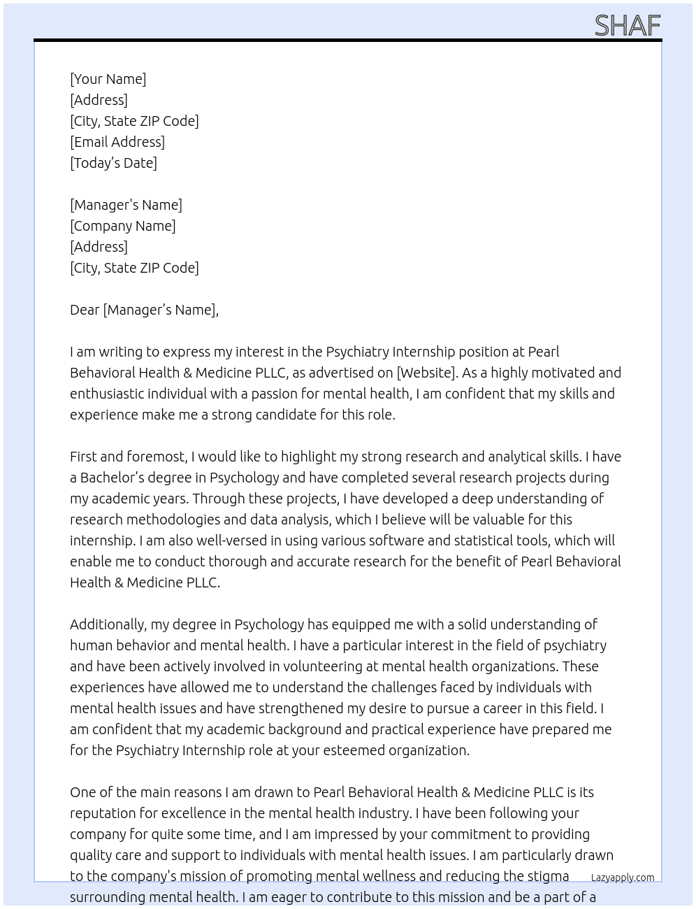 Psychiatry internship At Pearl Behavioral Health & Medicine PLLC Cover Letter