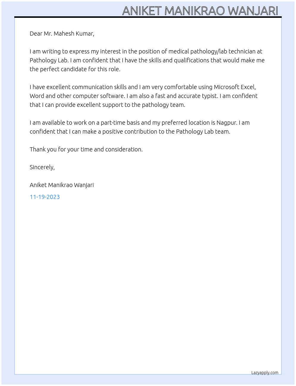 Medical Pathology/ Lab Technician  At Pathology Lab  Cover Letter