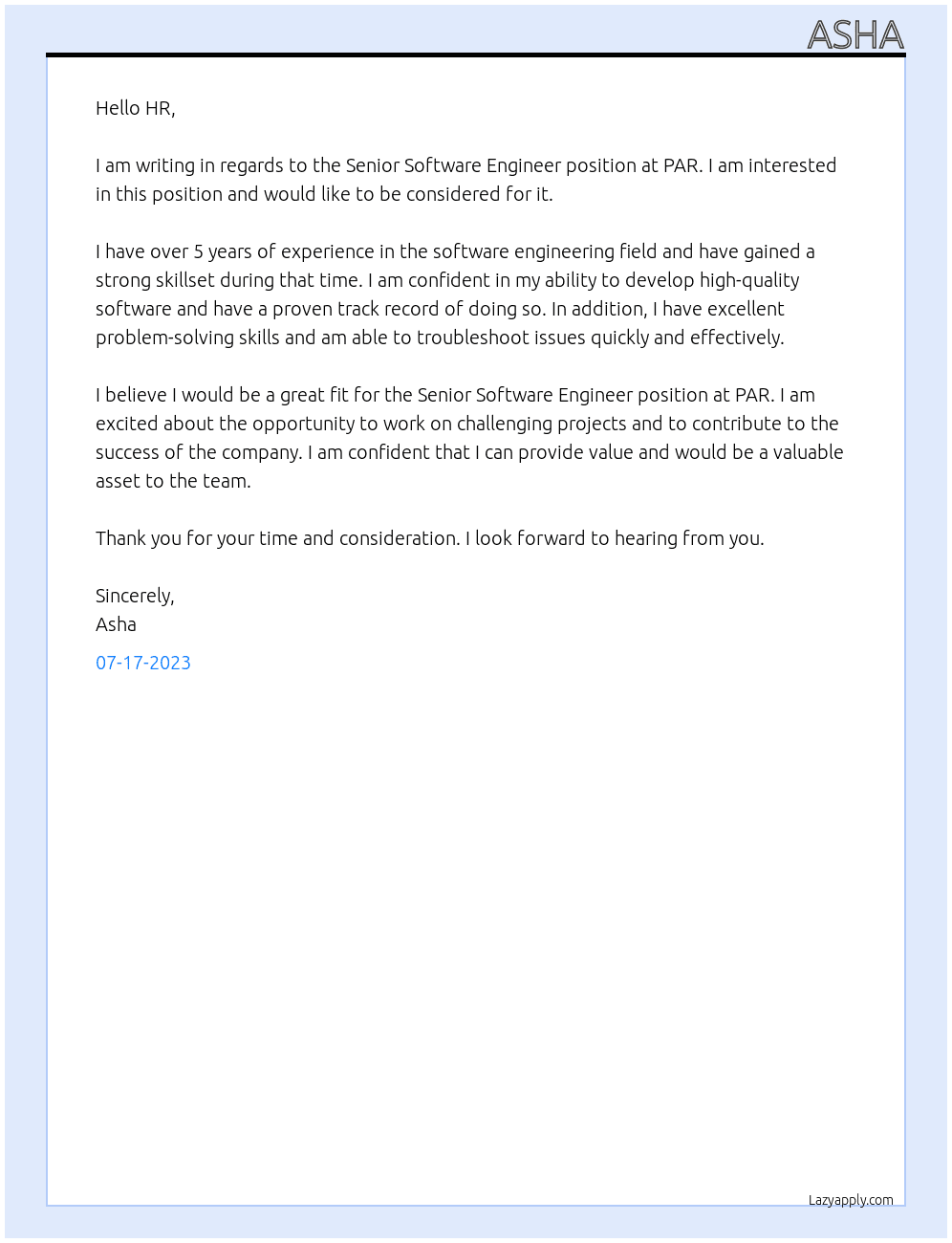 Senior software engineer At PAR Cover Letter