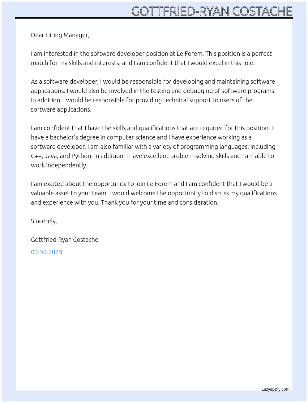 software developer At Le Forem Cover Letter