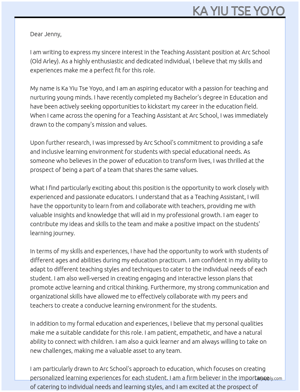 Teaching assistant  At Arc School (Old Arley) Cover Letter