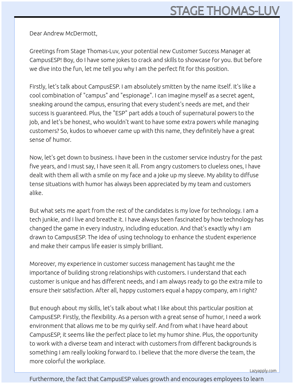 Customer Success Manager At CampusESP Cover Letter