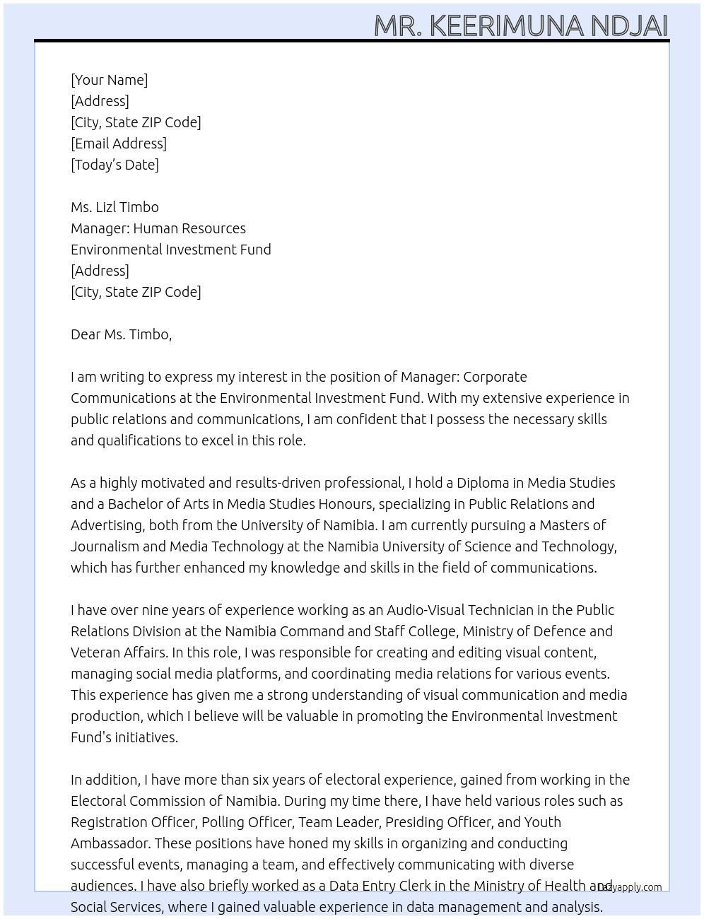 Manager: Corporate Communications At Environmental Investment Fund Cover Letter