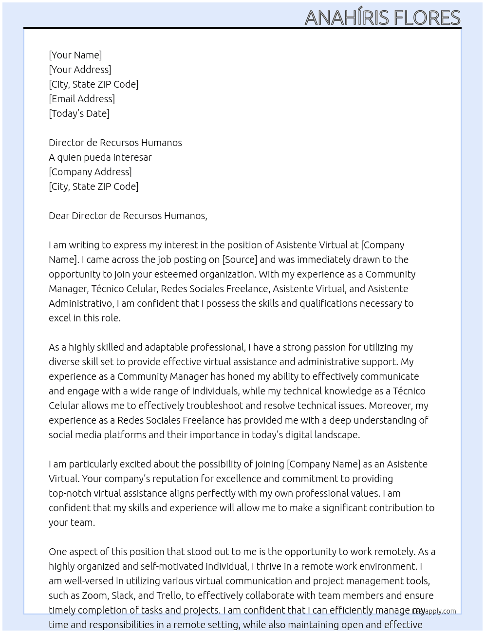 Asistente virtual  At A quien pueda interesar  Cover Letter