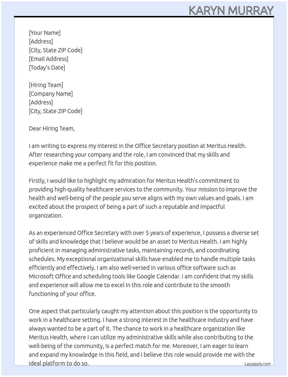 Office Secretary At Meritus Health Cover Letter
