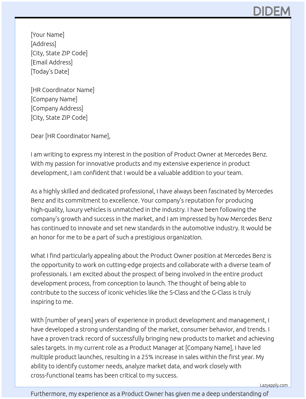 Product owner At Mercedes benz  Cover Letter