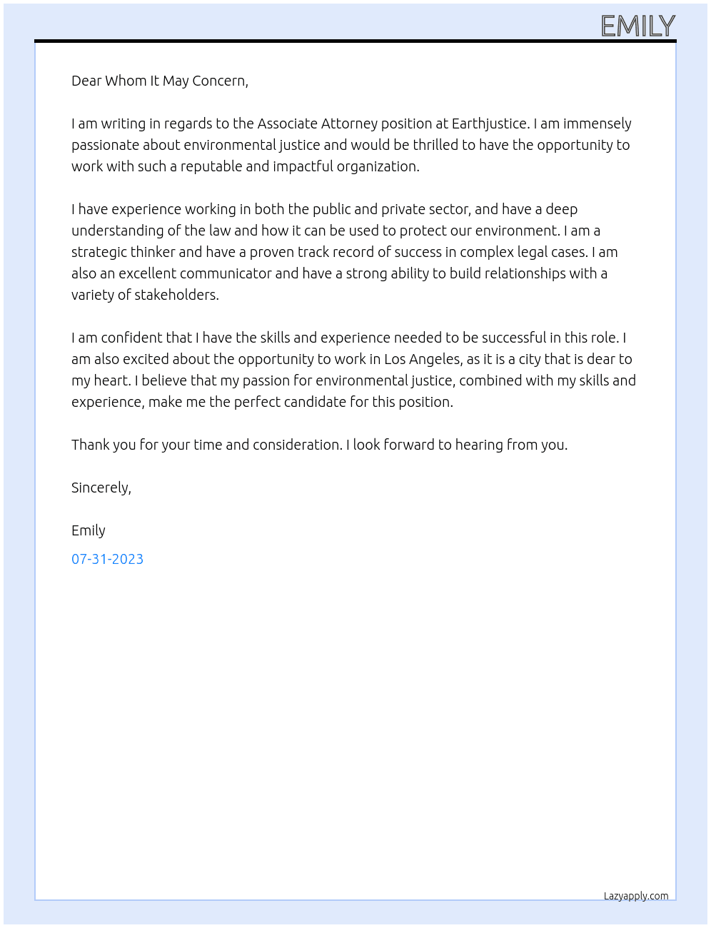 Associate Attorney At Earthjustice Cover Letter