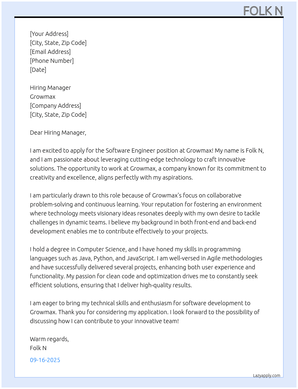 software engineer At Growmax Cover Letter