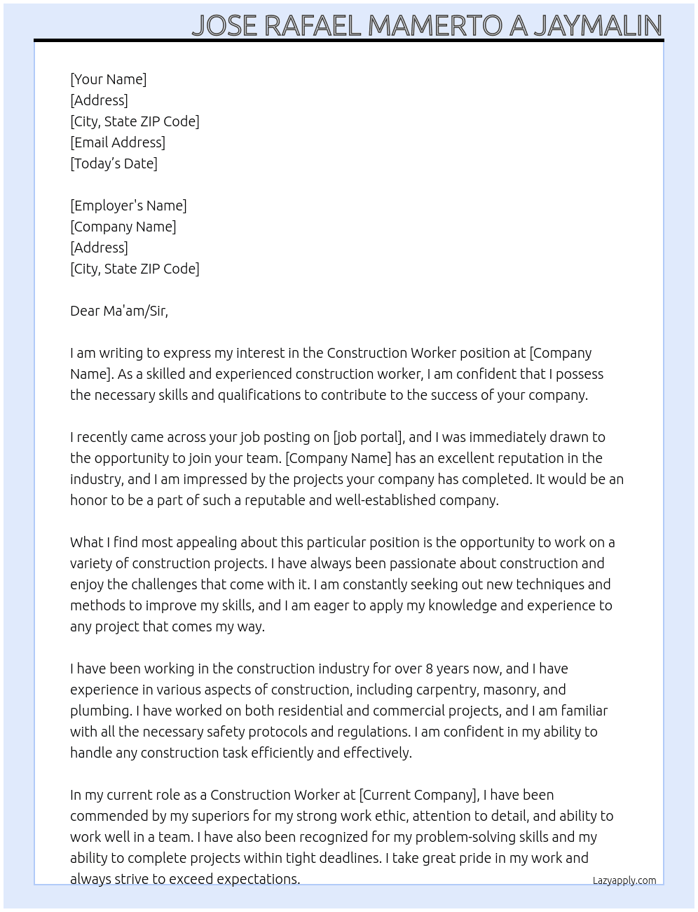Construction Worker  At Construction Worker  Cover Letter