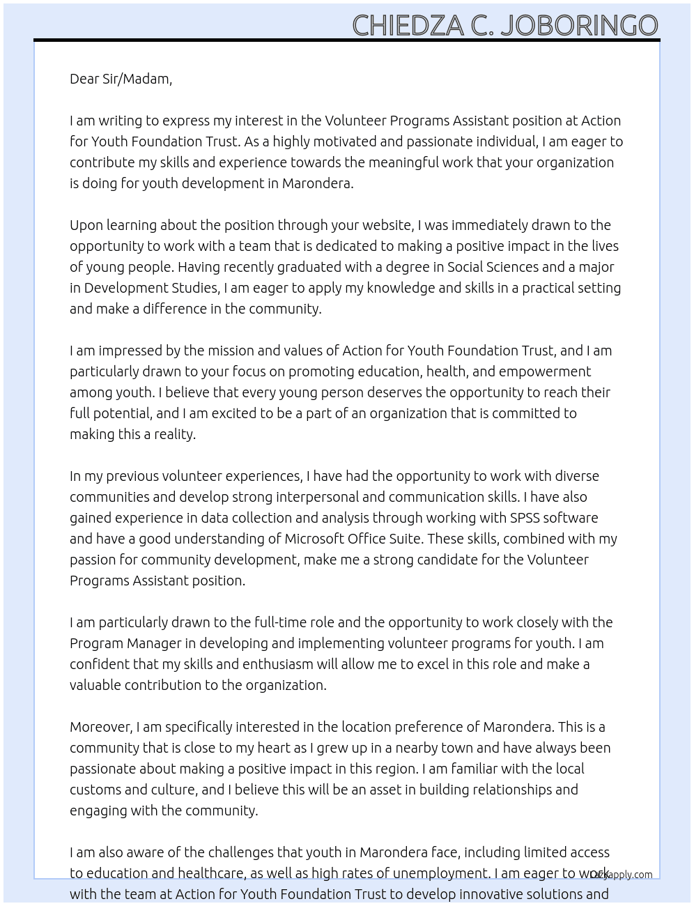 Volunteer Programs Assistant At Action for Youth Foundation Trust Cover Letter