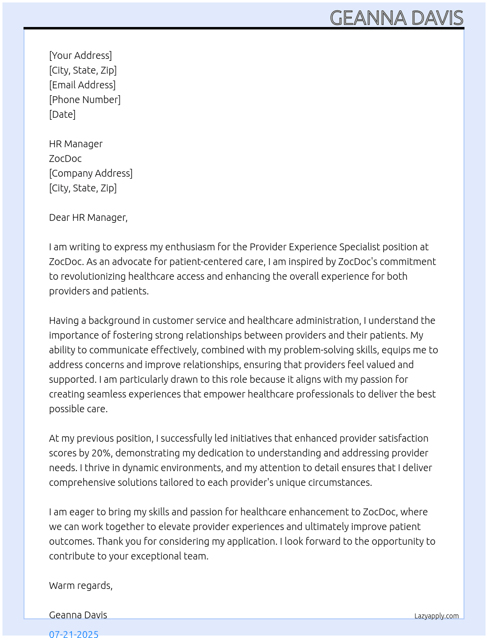 Provider Experience Specialist At ZocDoc Cover Letter