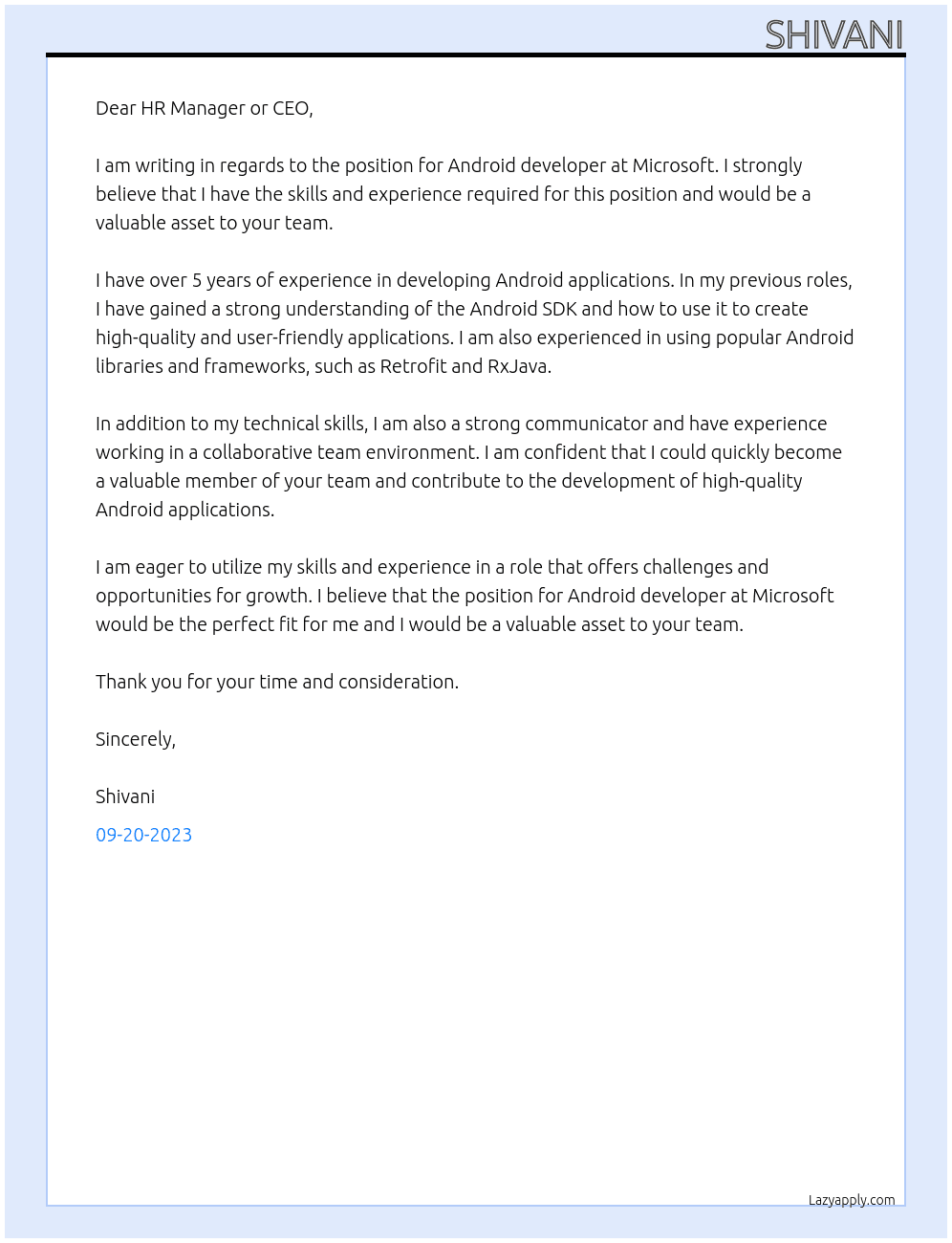 Android developer At Microsoft Cover Letter