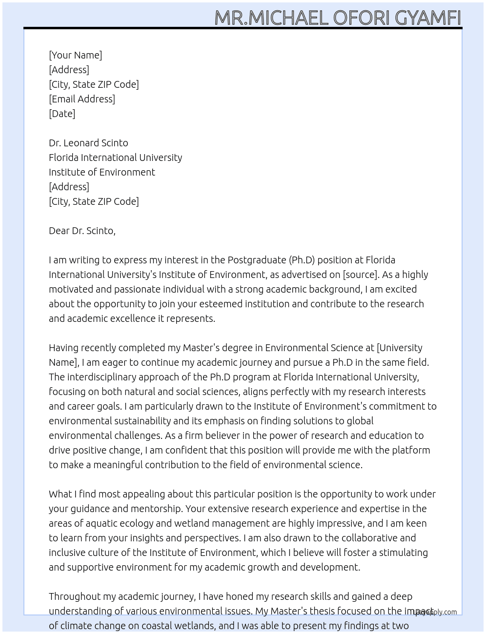 Postgraduate (Ph.D)  At Florida International University,Institute of Environment Cover Letter