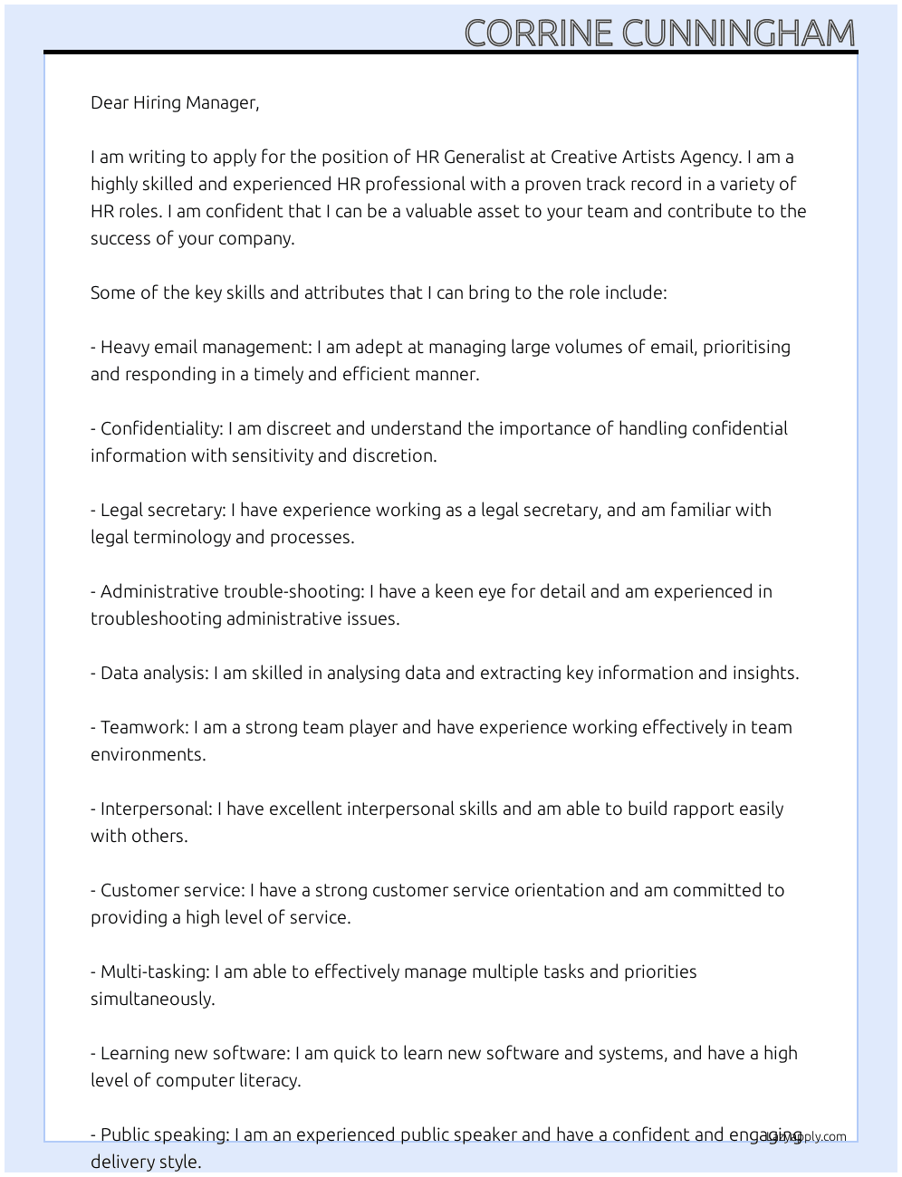 HR Generalist At CREATIVE ARTISTS AGENCY  Cover Letter