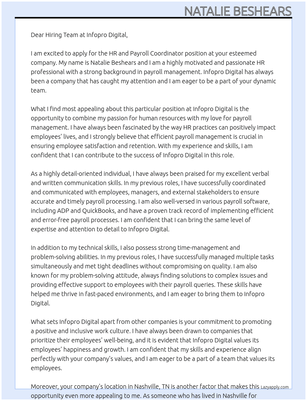 HR and Payroll Coordinator At Infopro Digital Cover Letter