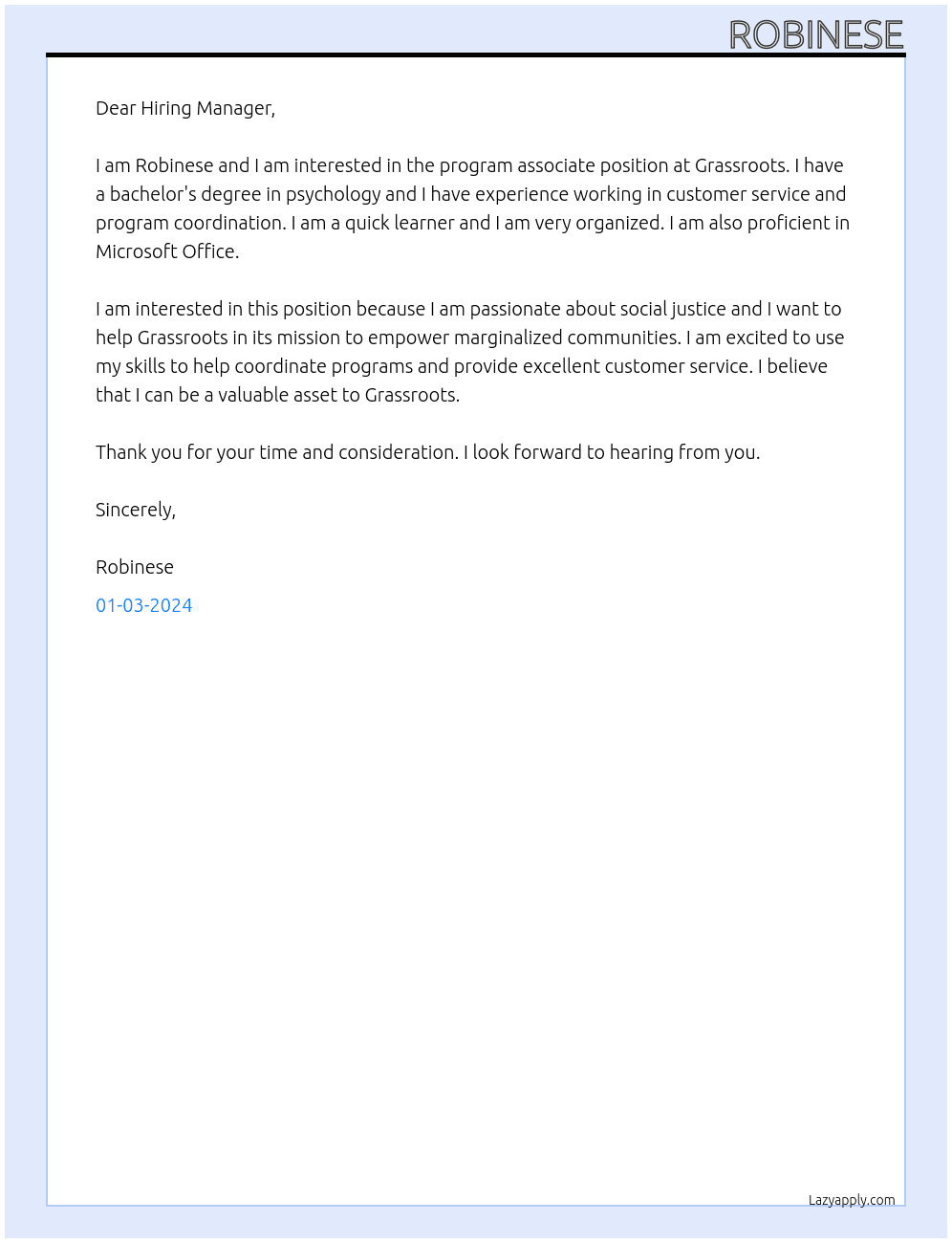program associate  At grassroots  Cover Letter