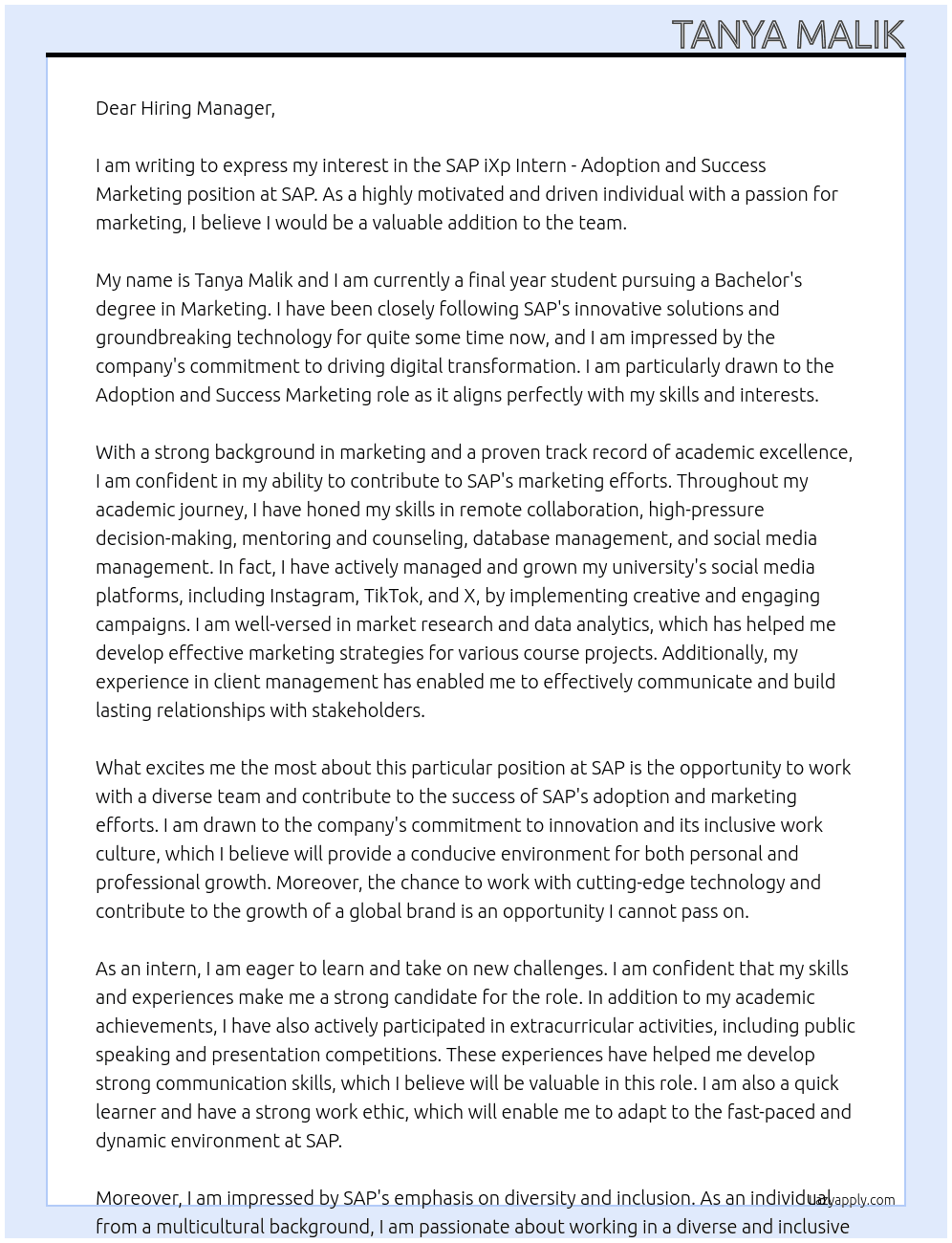 SAP iXp Intern - Adoption and Success Marketing  At sap Cover Letter