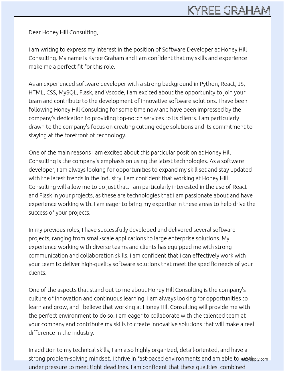 software developer At honeyhillconsulting Cover Letter