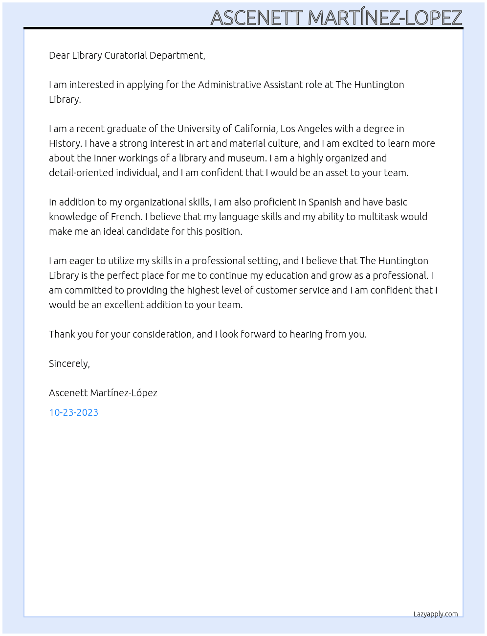 Administrative Assistant  At The Huntington Library Cover Letter