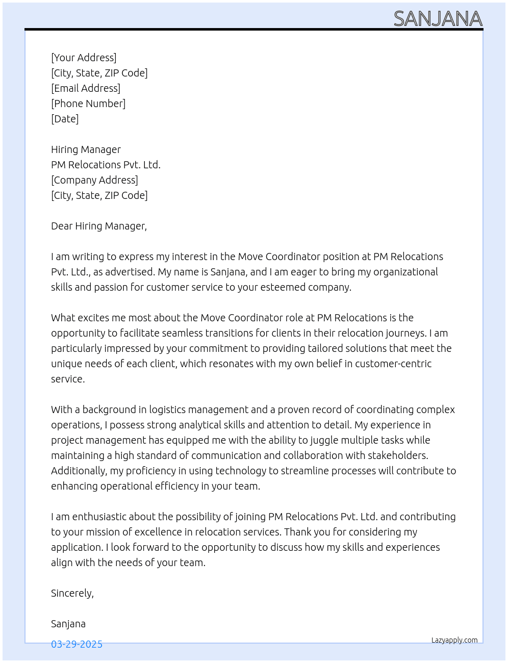 Move Coordinator At PM Relocations Pvt. Ltd. Cover Letter