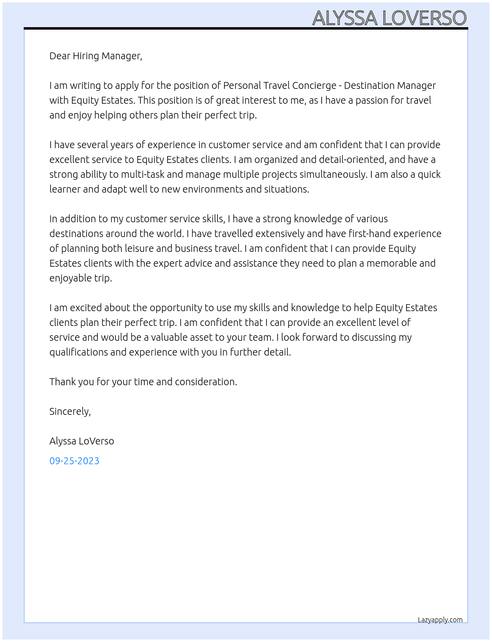 Personal Travel Concierge - Destination Manager At Equity Estates  Cover Letter