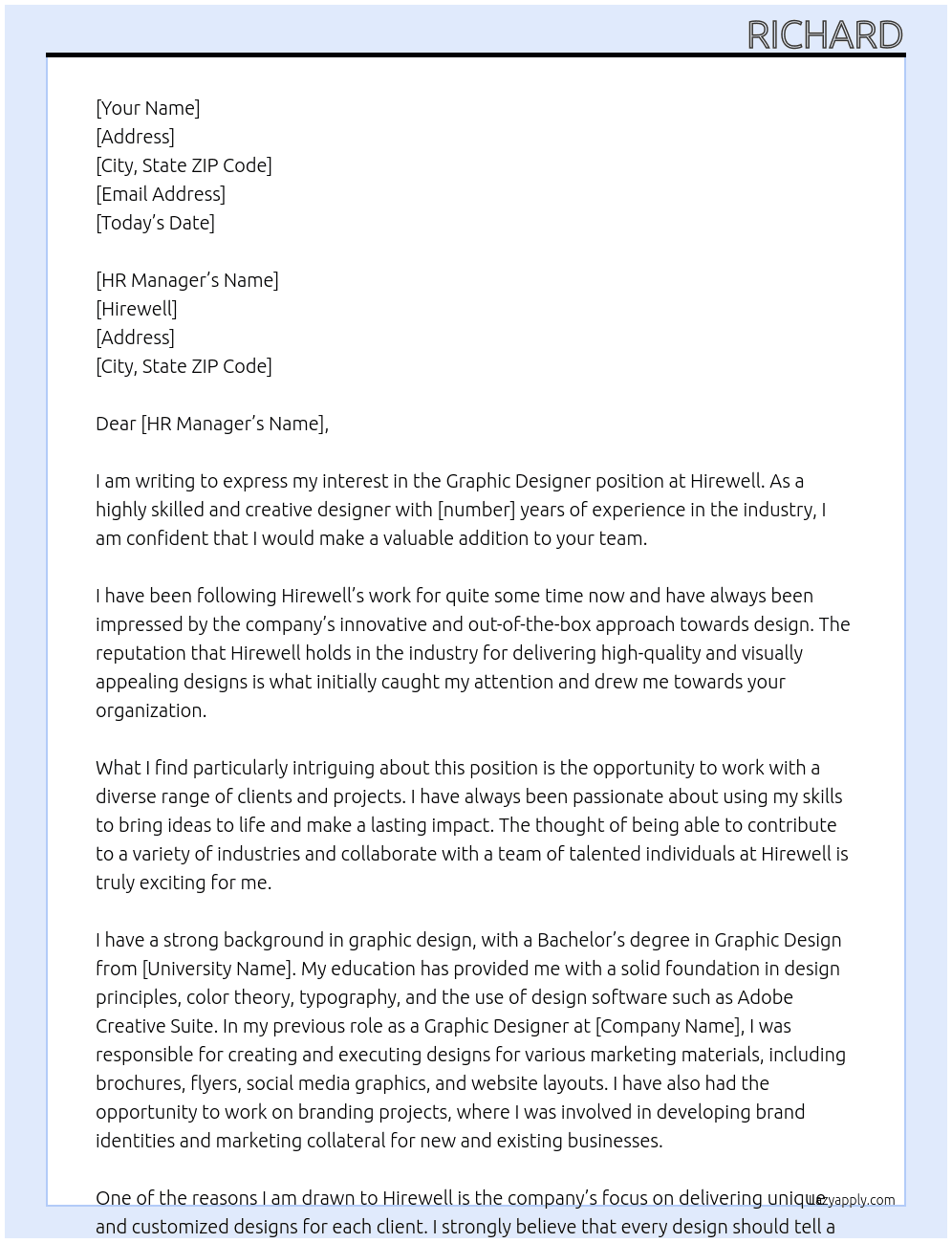 Graphic Designer At Hirewell Cover Letter