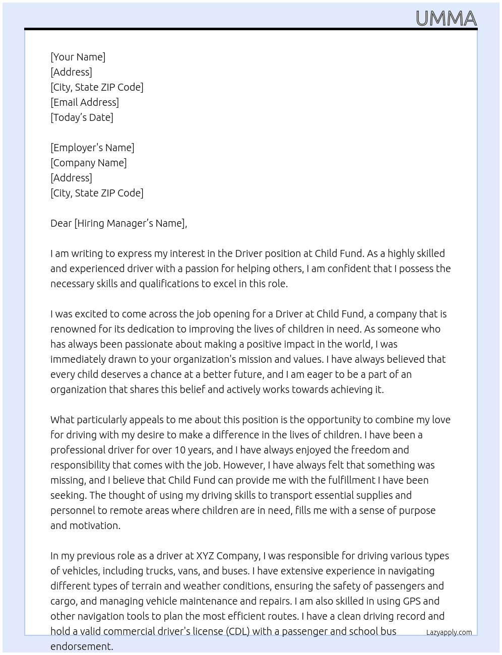 Driver  At Chid fund  Cover Letter