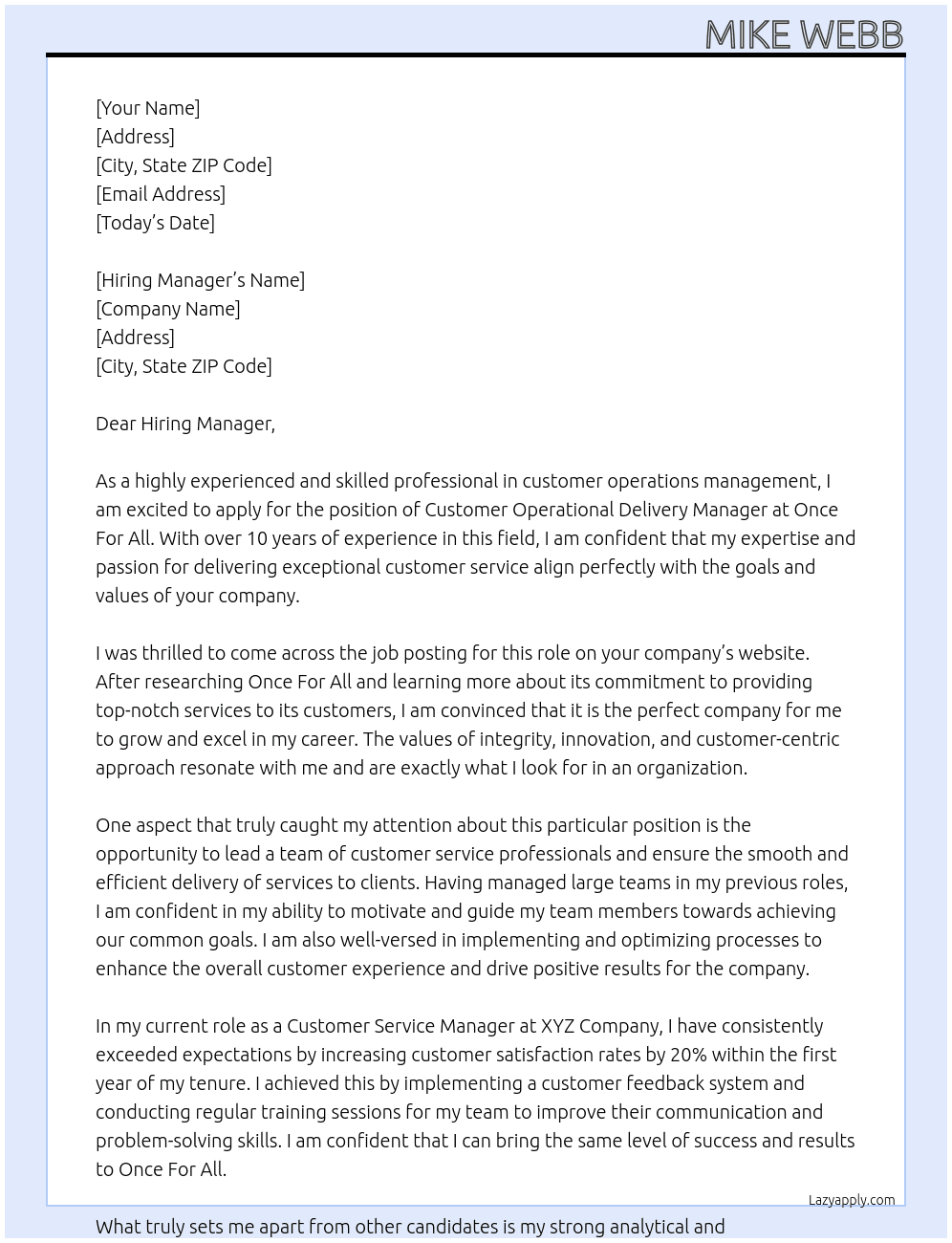 Customer Operational Delivery Manager At Once For All Cover Letter