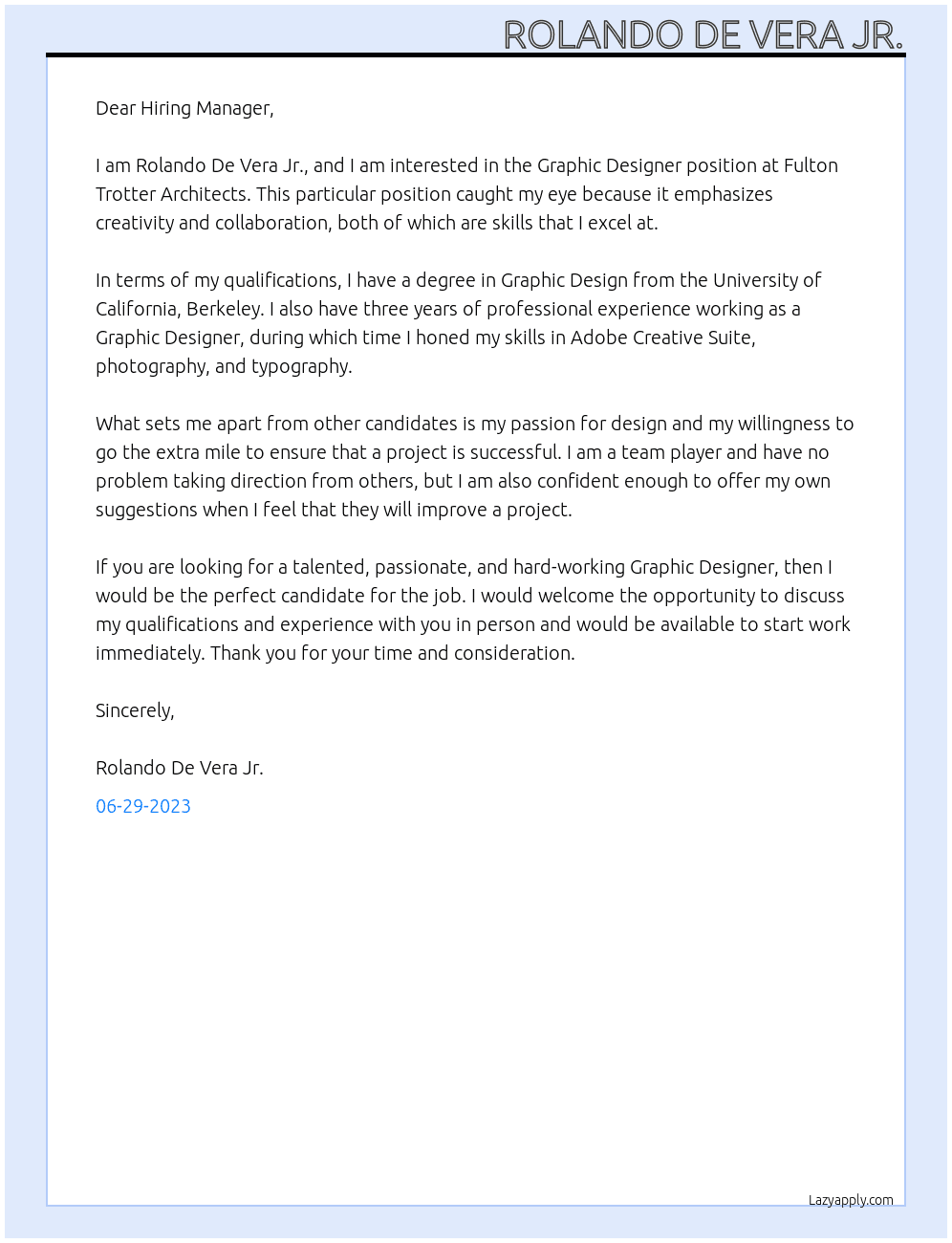 Graphic Designer At Fulton Trotter Architects Cover Letter