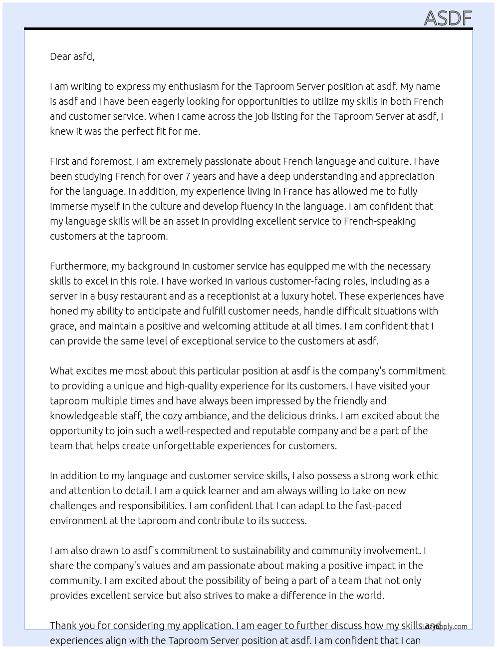 taproom server At asdf Cover Letter