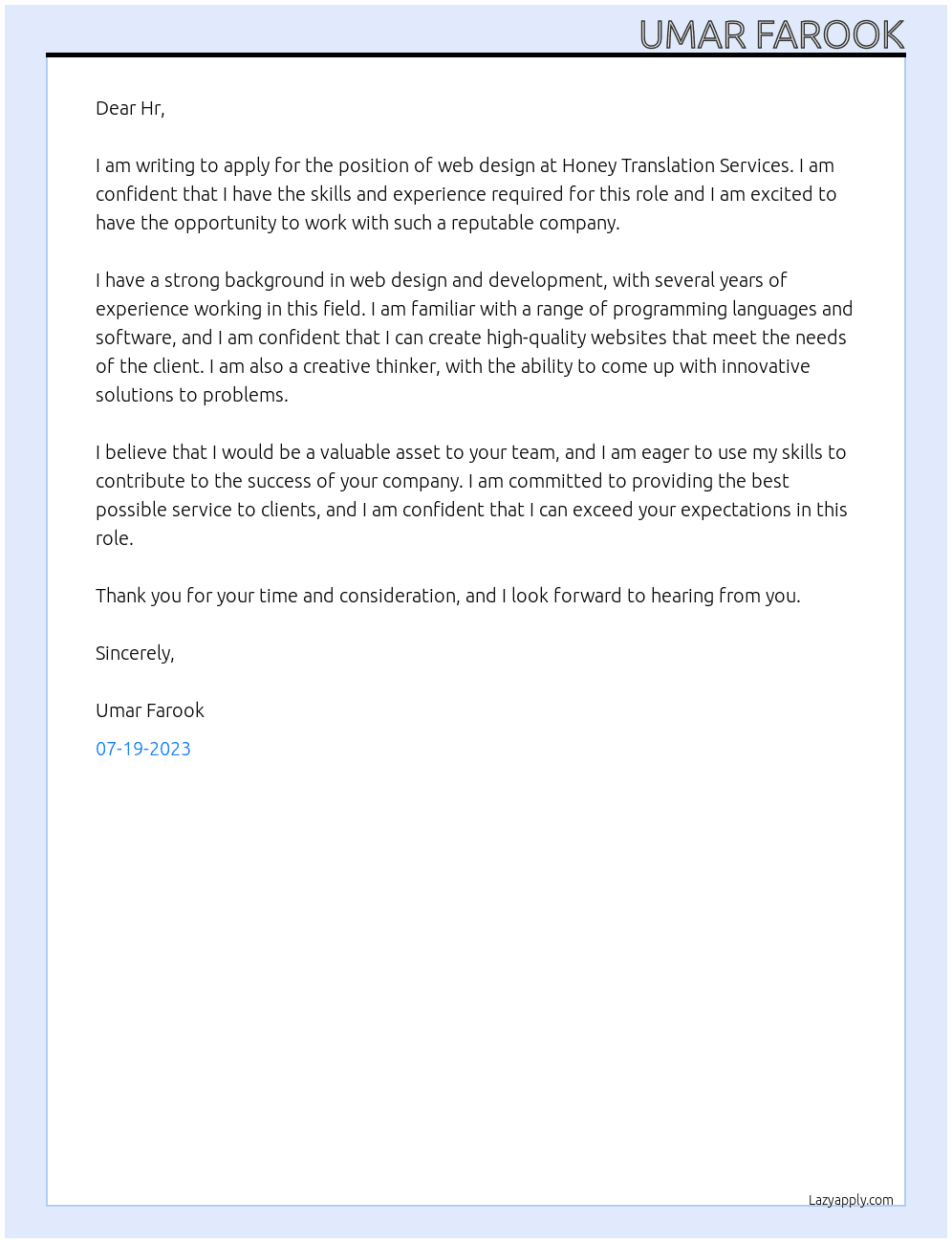 Web design  At Honey Translation Services Cover Letter