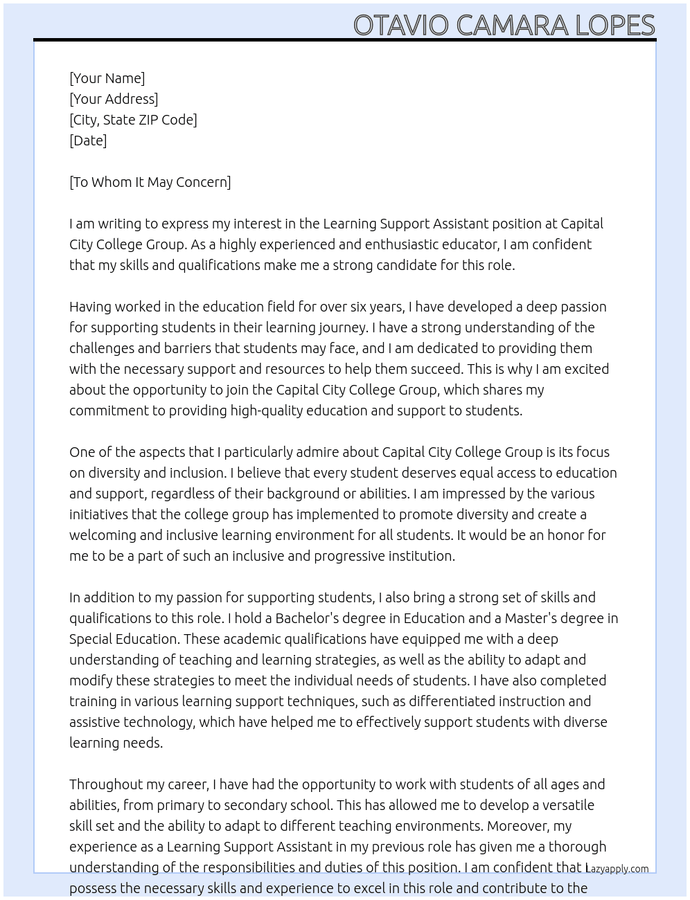 Learning Support Assistant At Capital City College Group Cover Letter