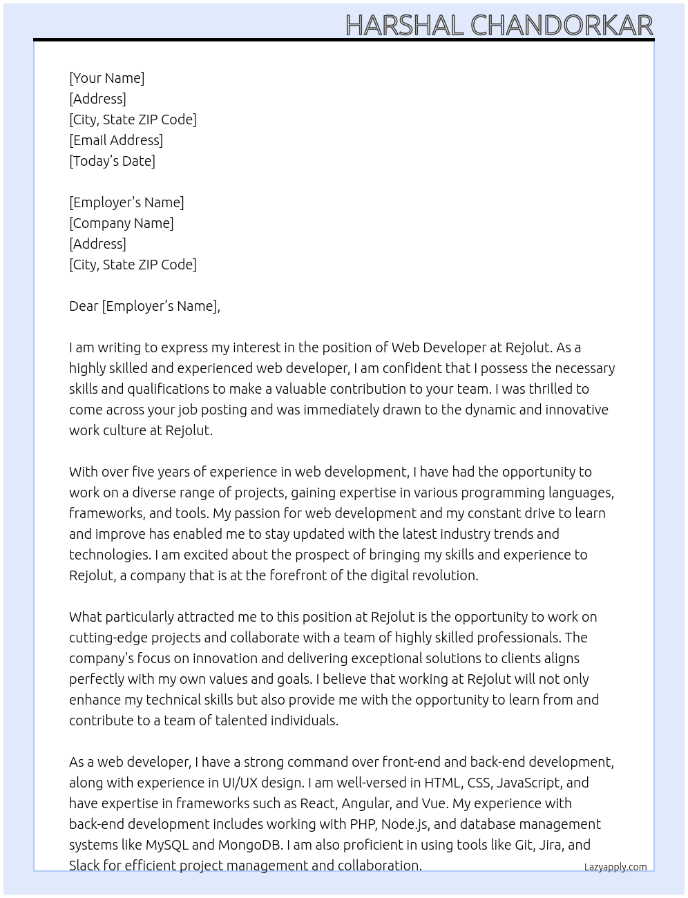 Rejolut At Web developer Cover Letter