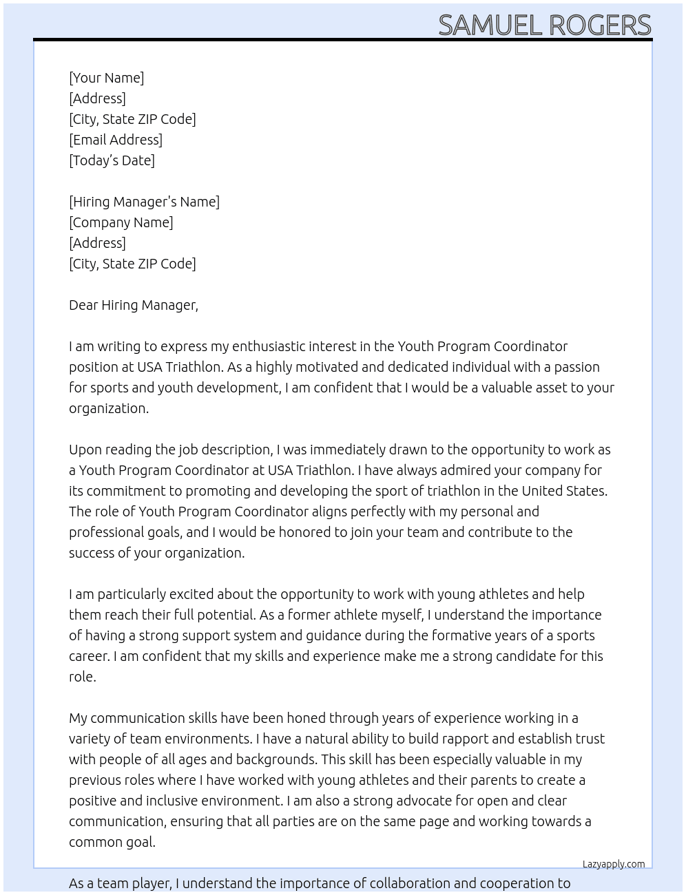 Youth Program coordinator  At USA Triathlon Cover Letter