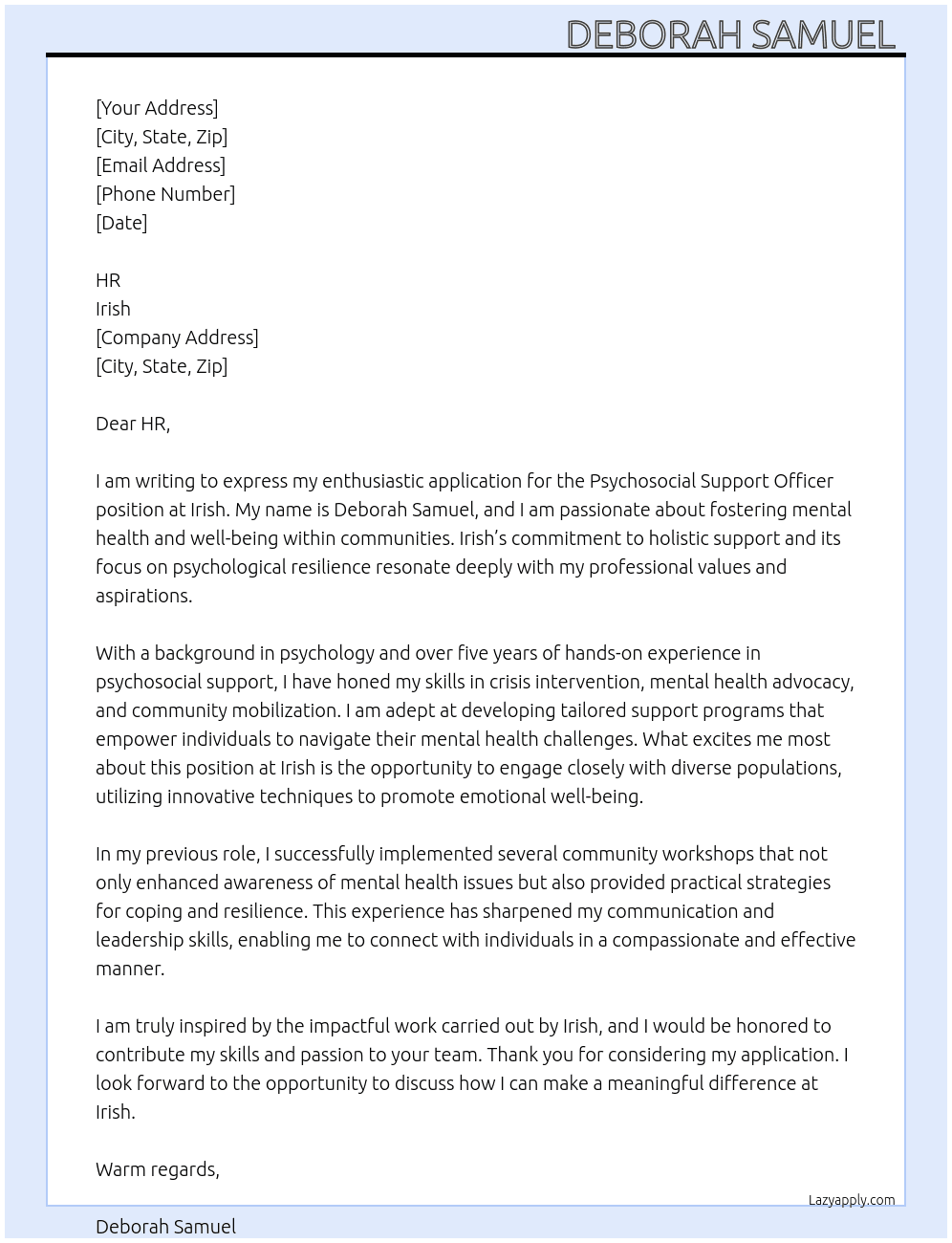Psychosocial support officer  At Irish Cover Letter