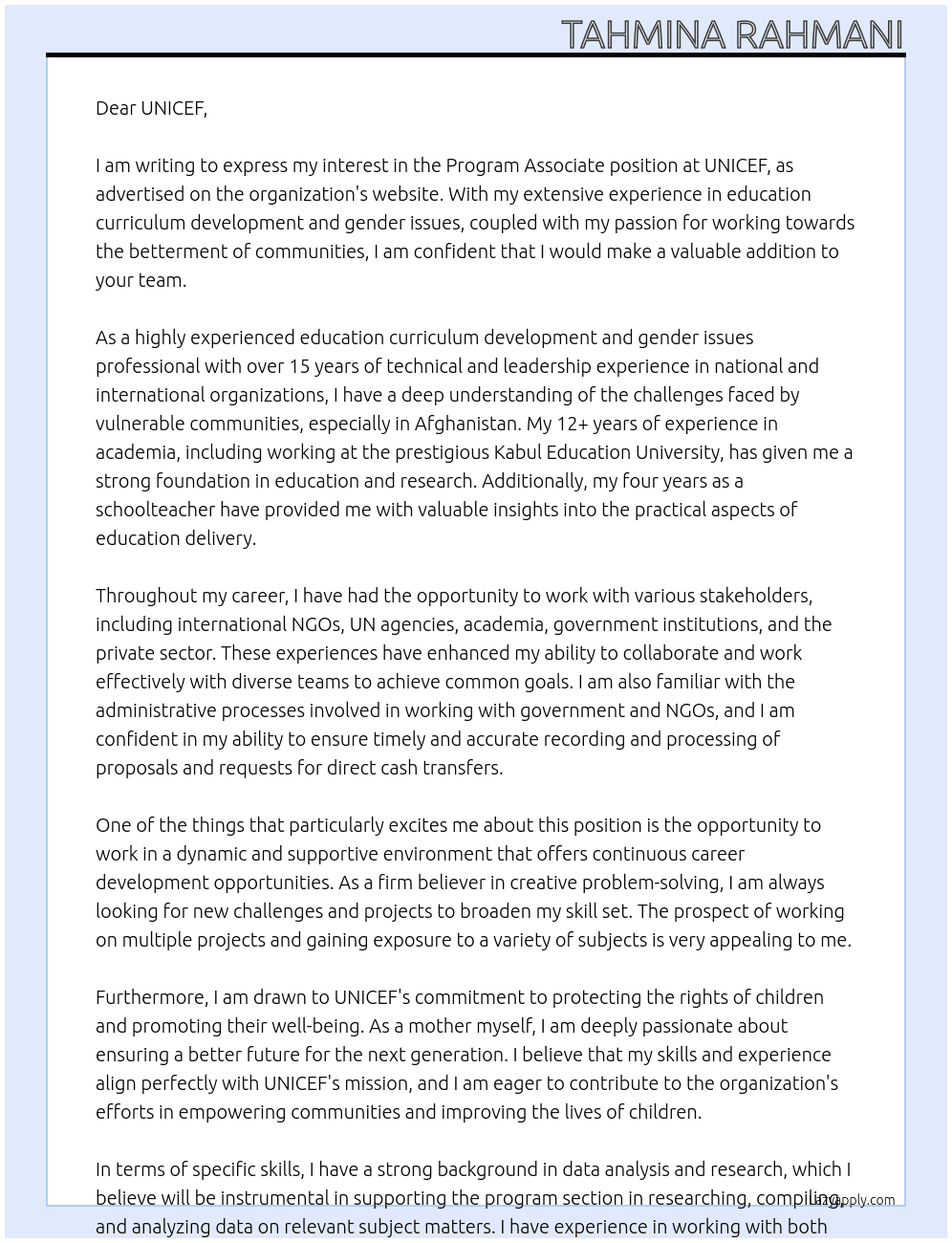 PROGRAM ASSOCIATE  At UNICEF Cover Letter