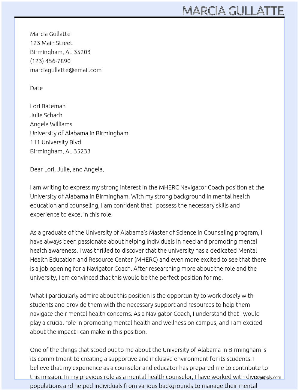 MHERC Navigator Coach At University of Alabama in Birmingham Cover Letter