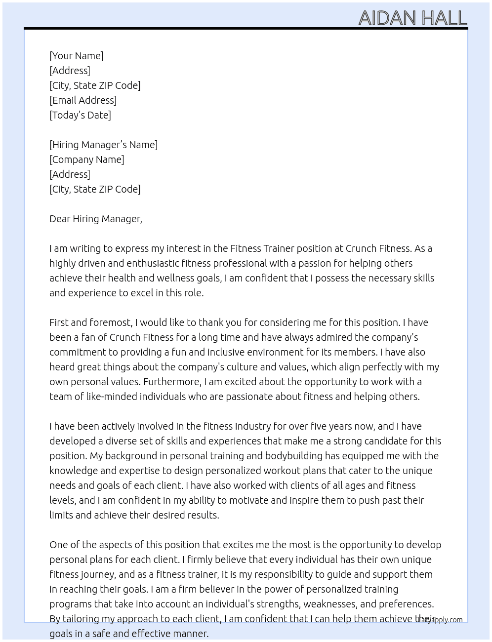 Fitness Trainer At Crunch Fitness Cover Letter