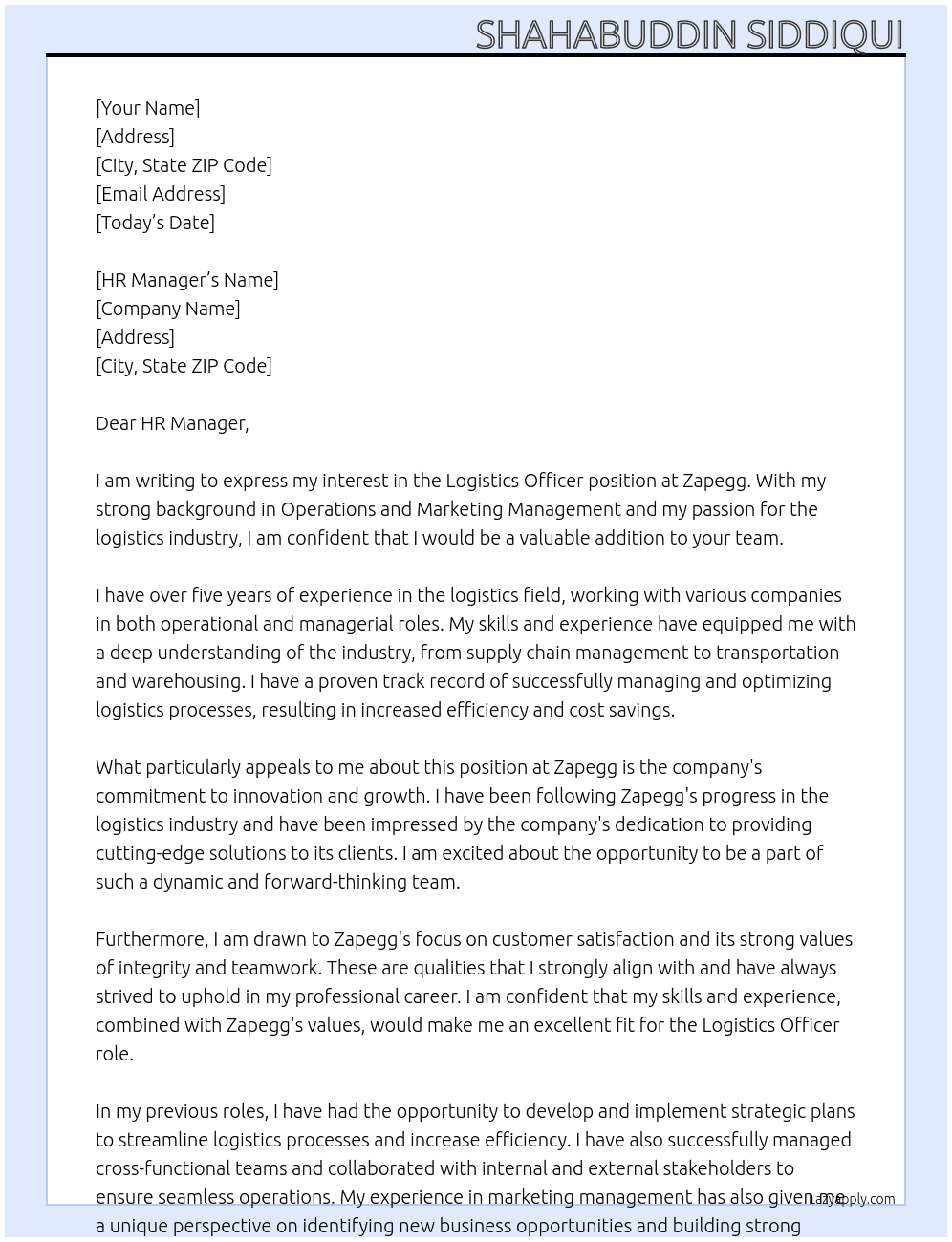 Logistics Officer At Zapegg Cover Letter