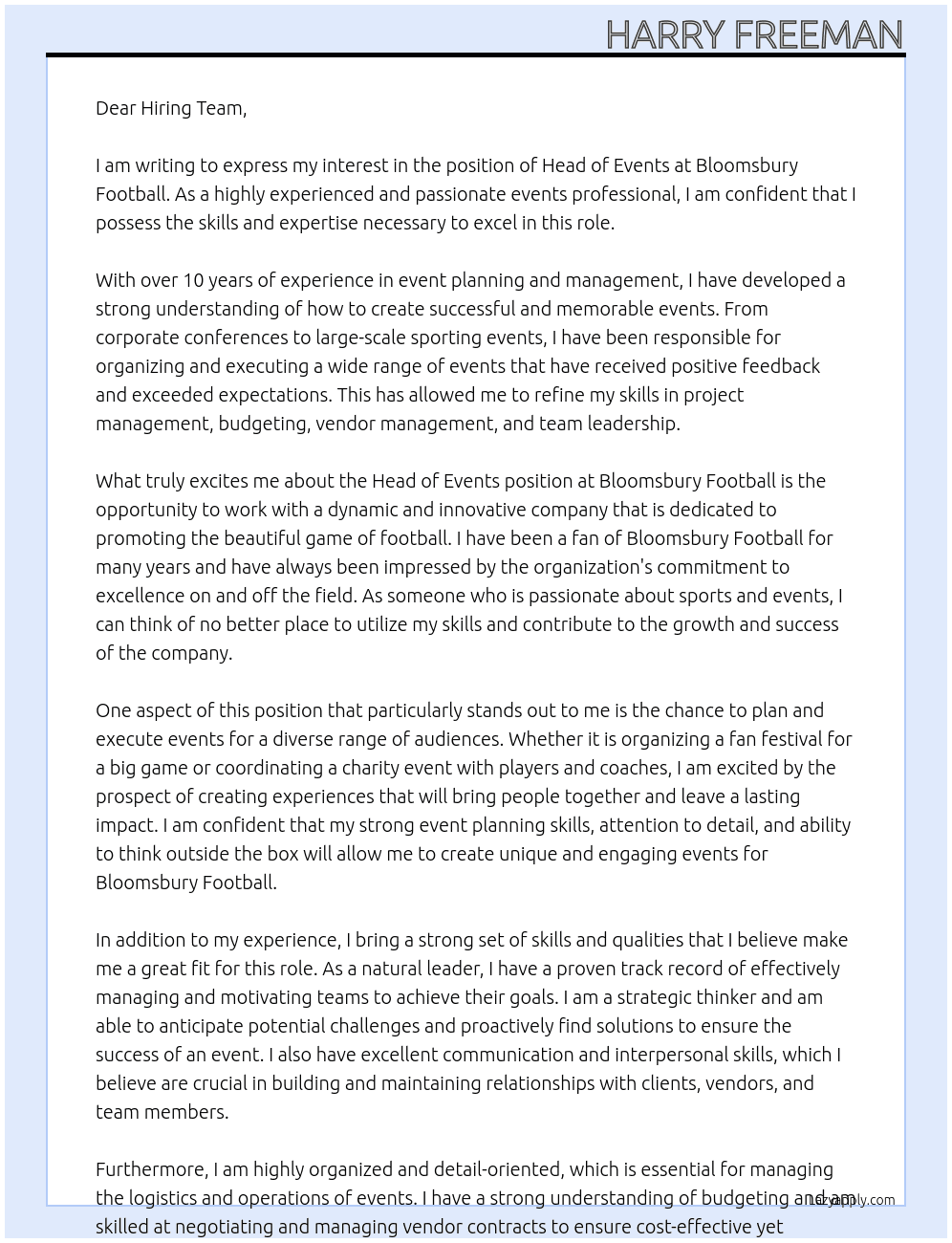 Head Of Events  At Bloomsbury Football Cover Letter