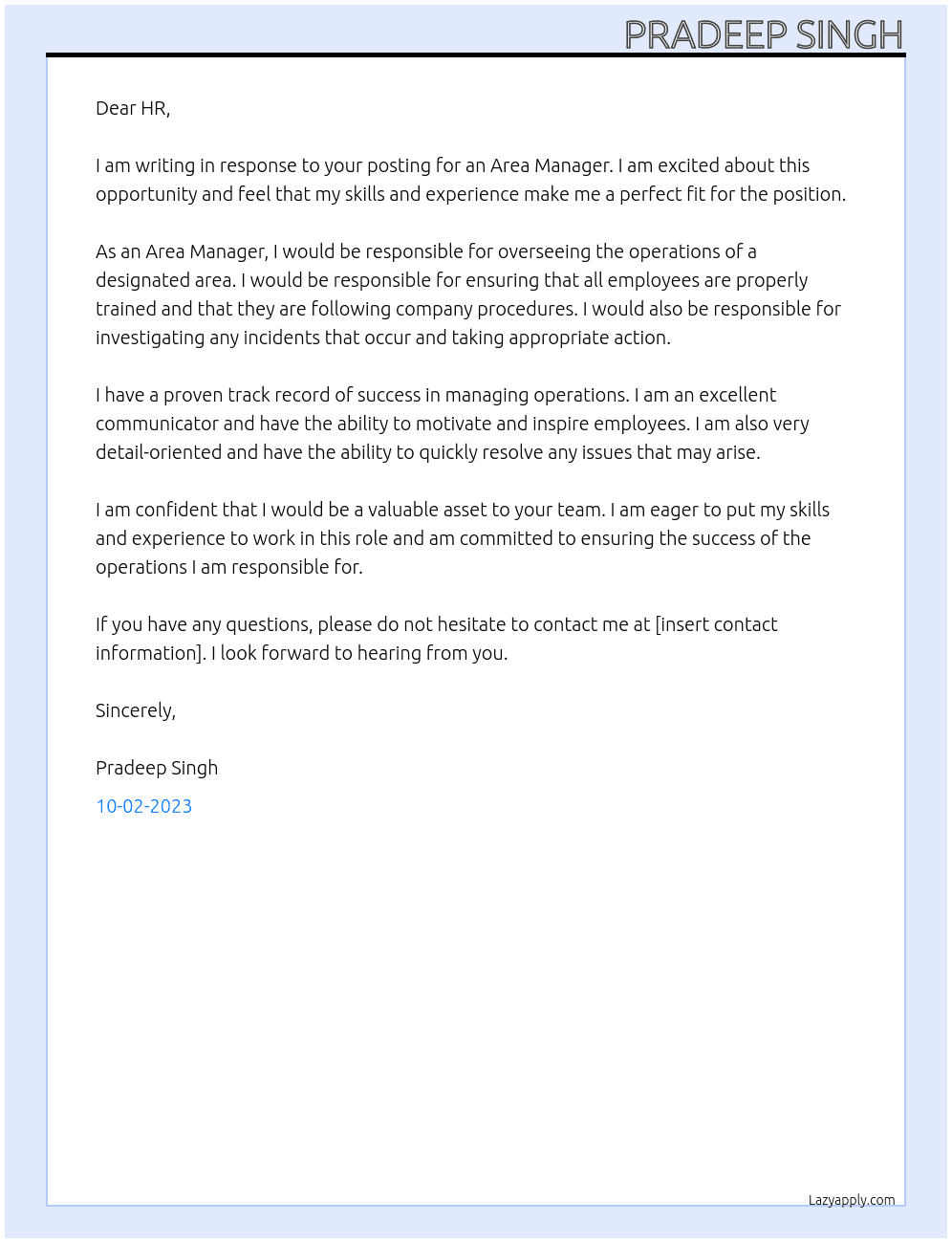 Aera Manager  At Go Khana Cover Letter