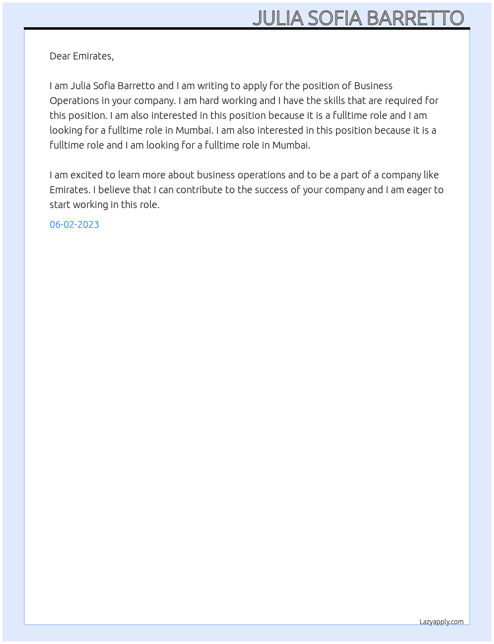 Business operations  At Emirates  Cover Letter