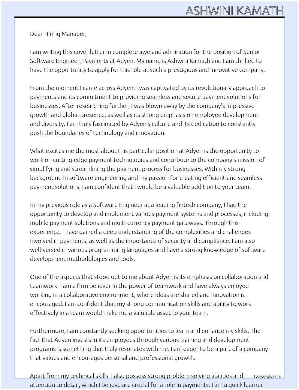 Senior Software Engineer, Payments At Adyen Cover Letter