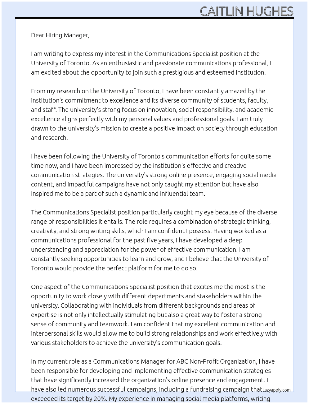 Communications Specialist At University of Toronto Cover Letter