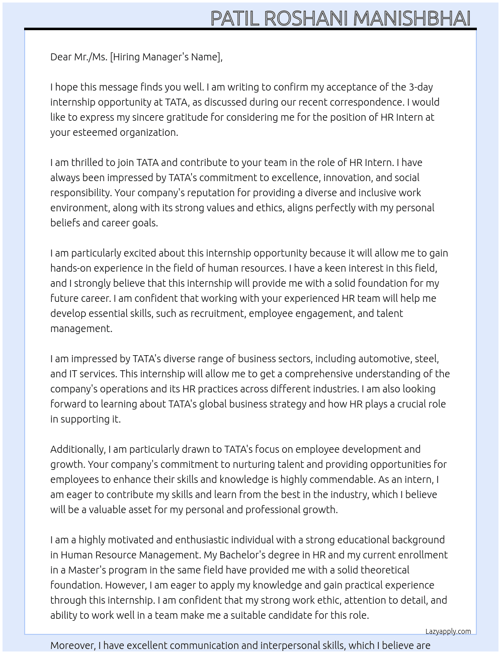 HR internship  At TATA  Cover Letter