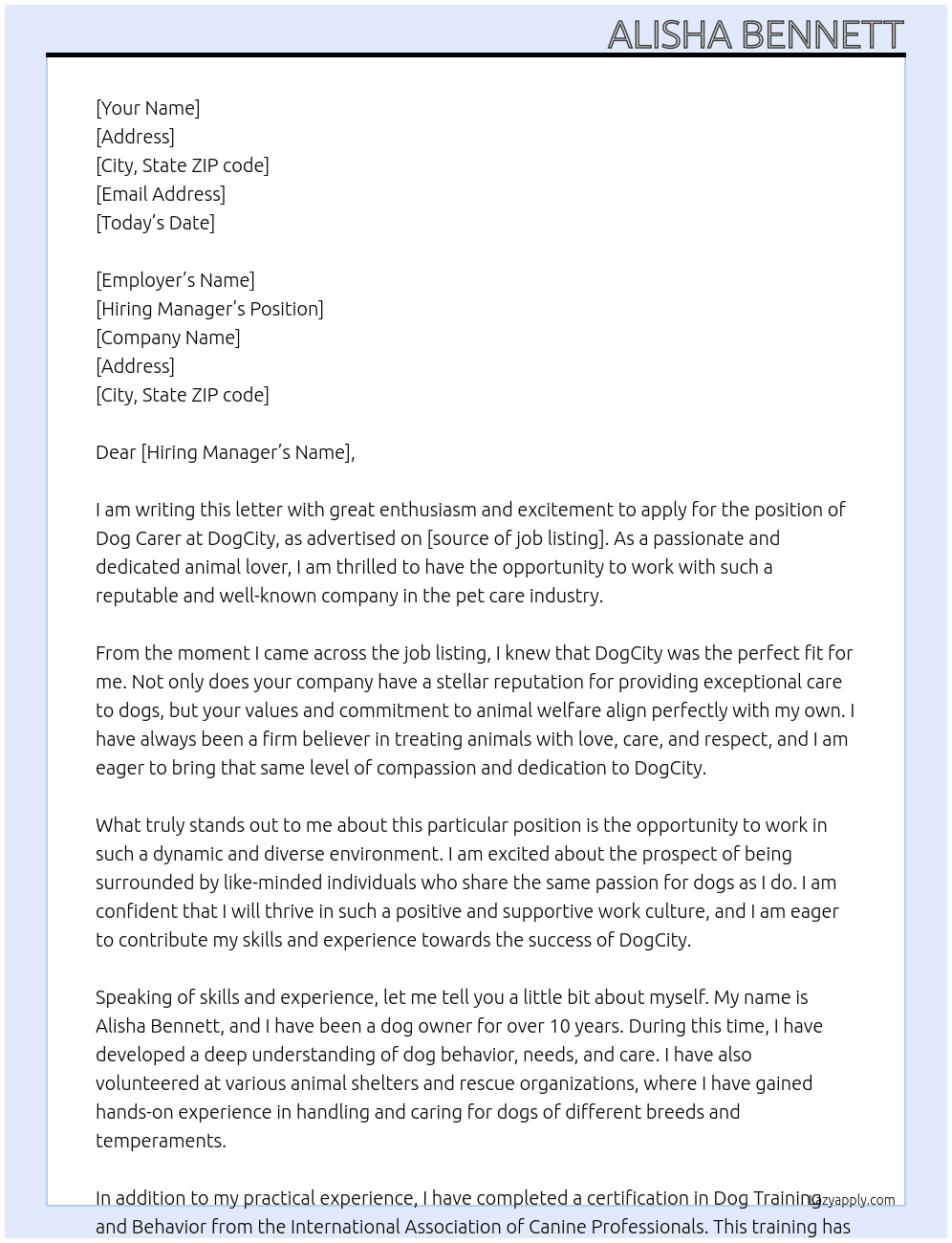 Dog Carer At DogCity Cover Letter