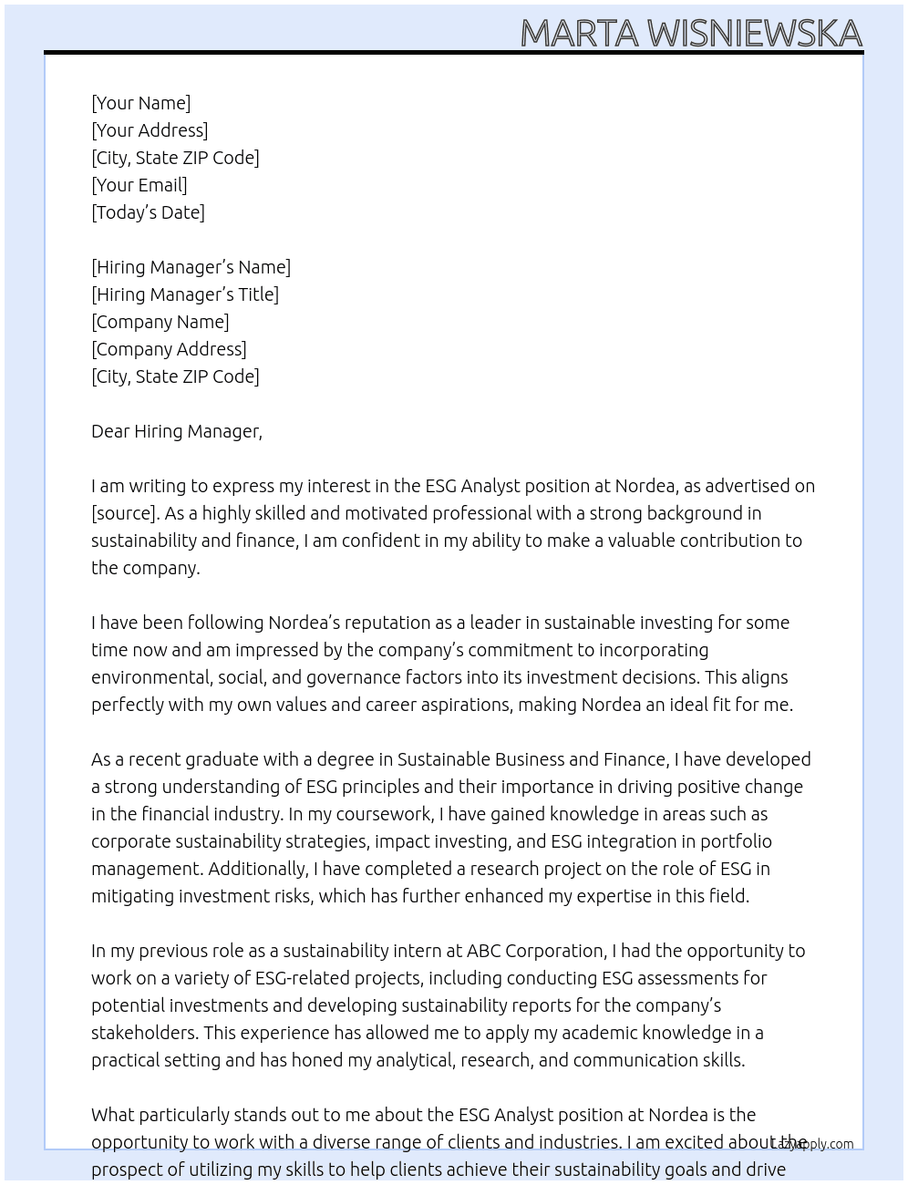 ESG analyst At Nordea Cover Letter
