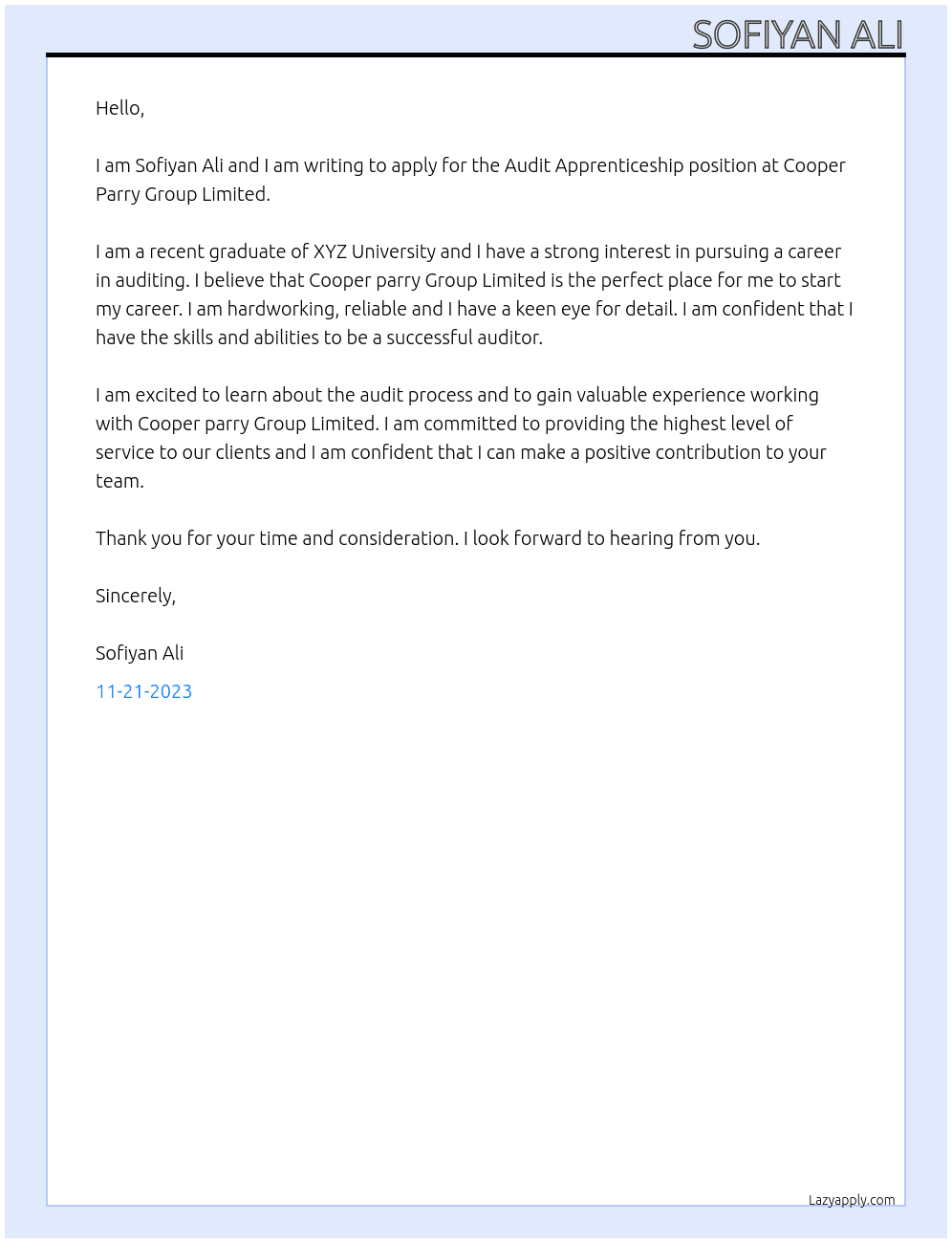 Audit apprenticeship At Cooper parry group limited  Cover Letter