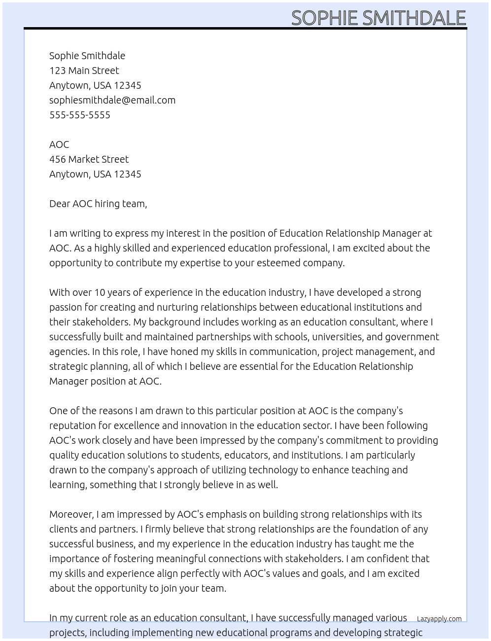 education relationship manager  At AOC Cover Letter