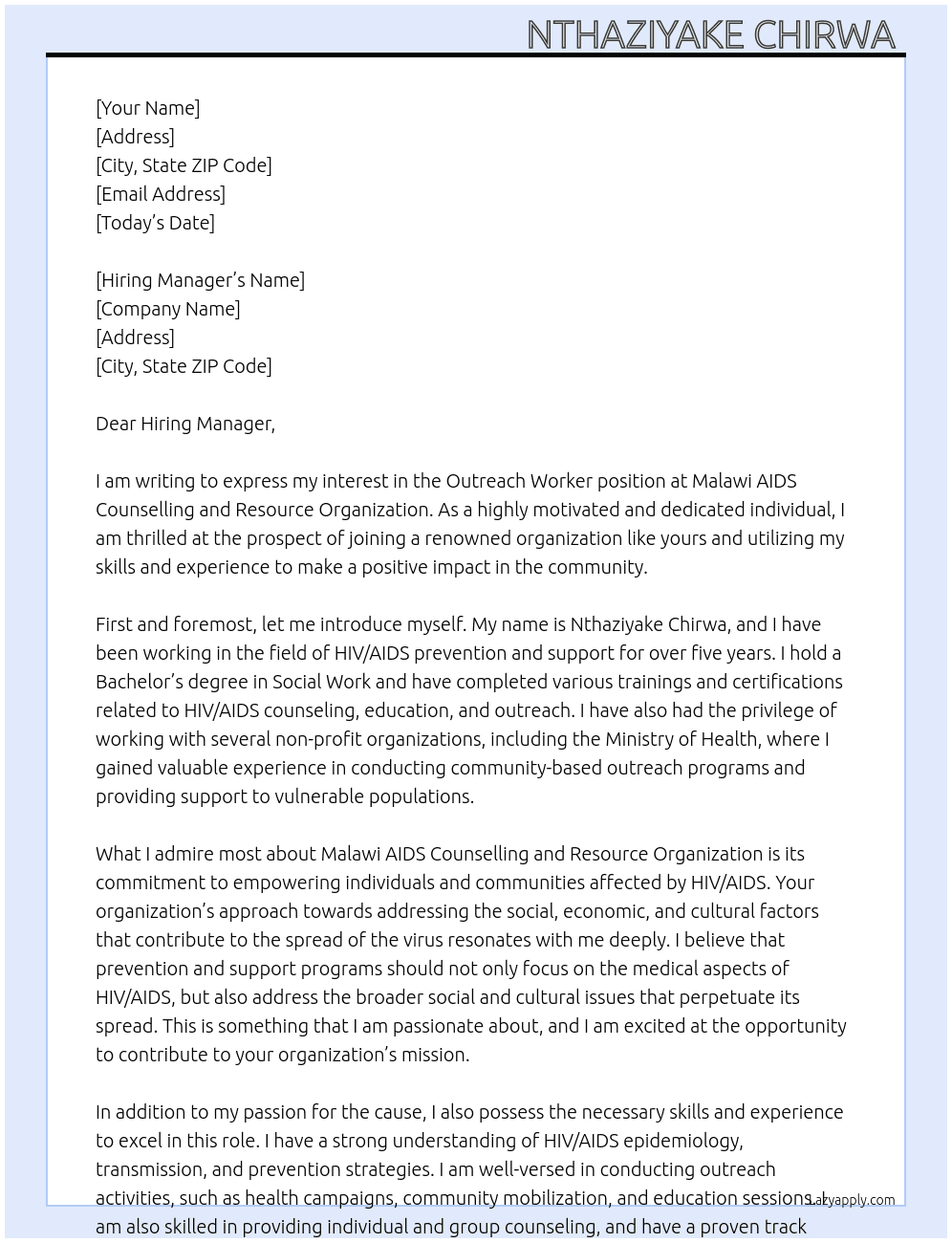 Outreach Worker At Malawi AIDS Counselling and Resource Organization  Cover Letter